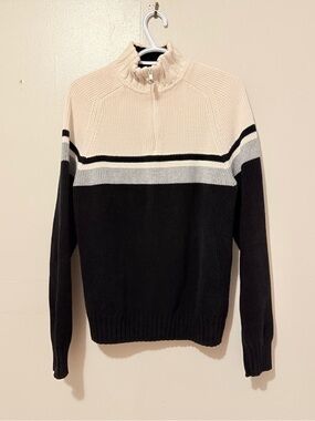 GAP Men's Zip Sweater in Black, Cream & Gray Stripe